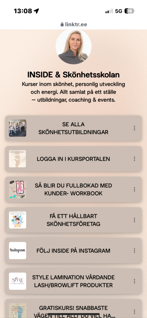 Skärmdump av Linktree-sida för Svenska Skönhetsskolan och INSIDE, med länkar till kurser, coaching och workshops.
